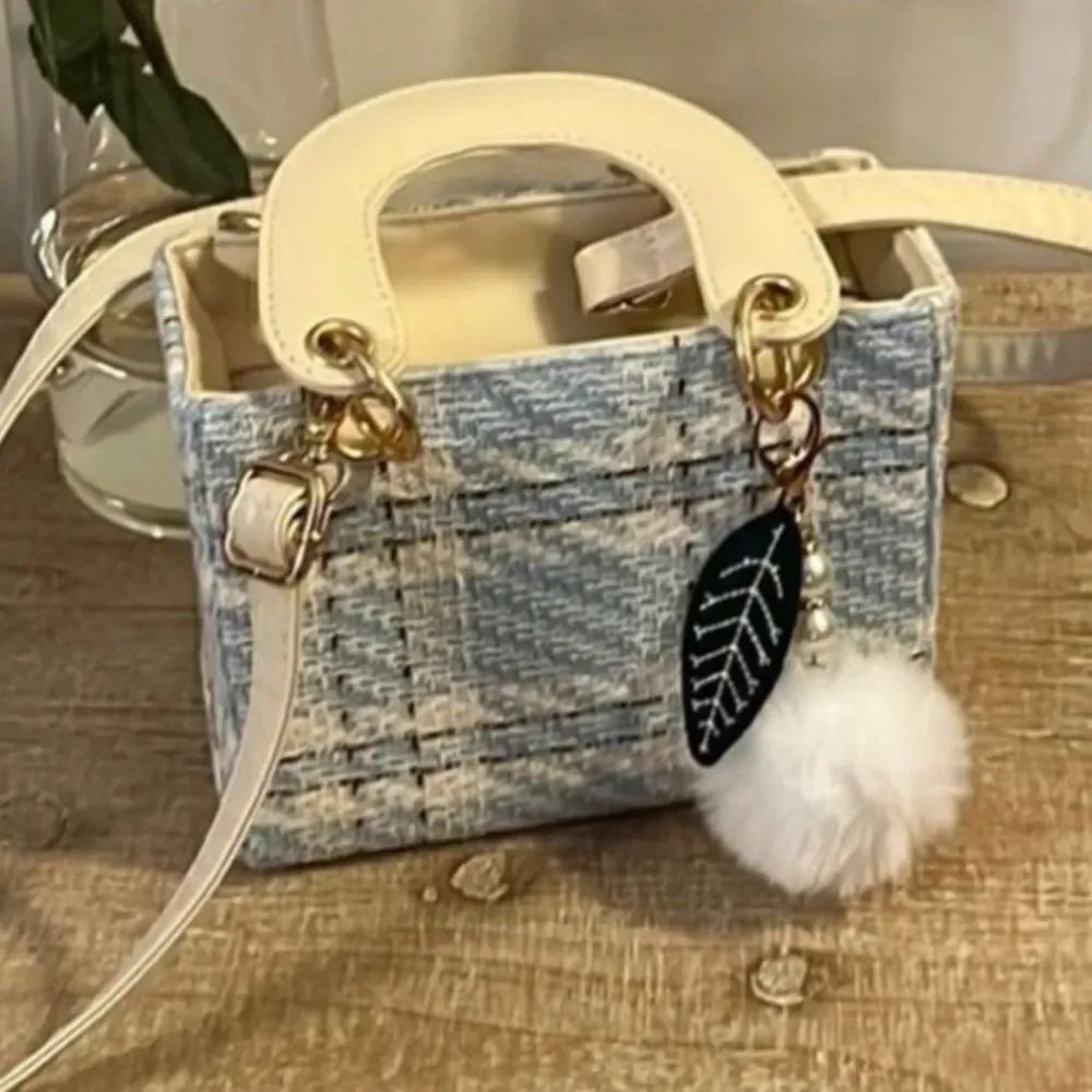 Plaid Pattern Tweed Blue/ White Bag with Keychain/ Pendant